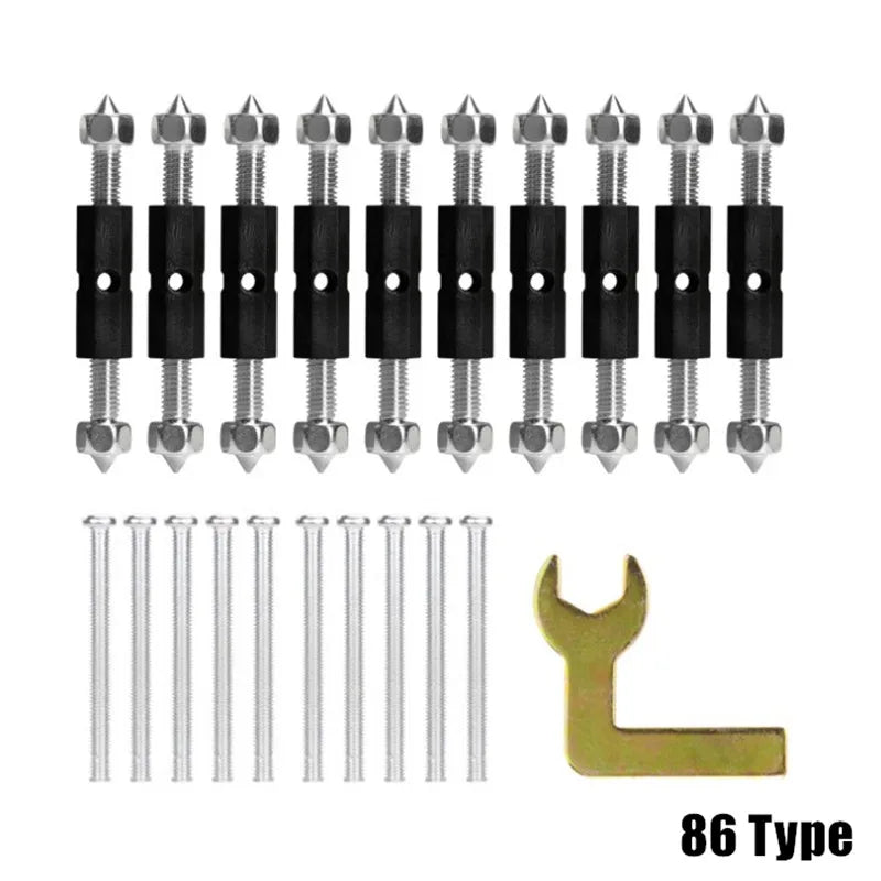 The maker's own 86-type pack photo: 10 rods, 10 screws, 1 spanner