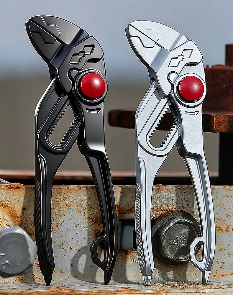 Two mini water pump pliers standing against a steel beam, one black and one silver, both with smooth jaws and a red push button