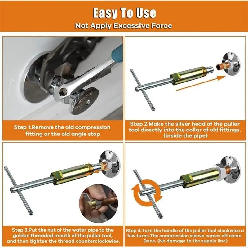 Four steps: remove the old fitting, seat the nose in the collar, thread the nut on, turn the handle