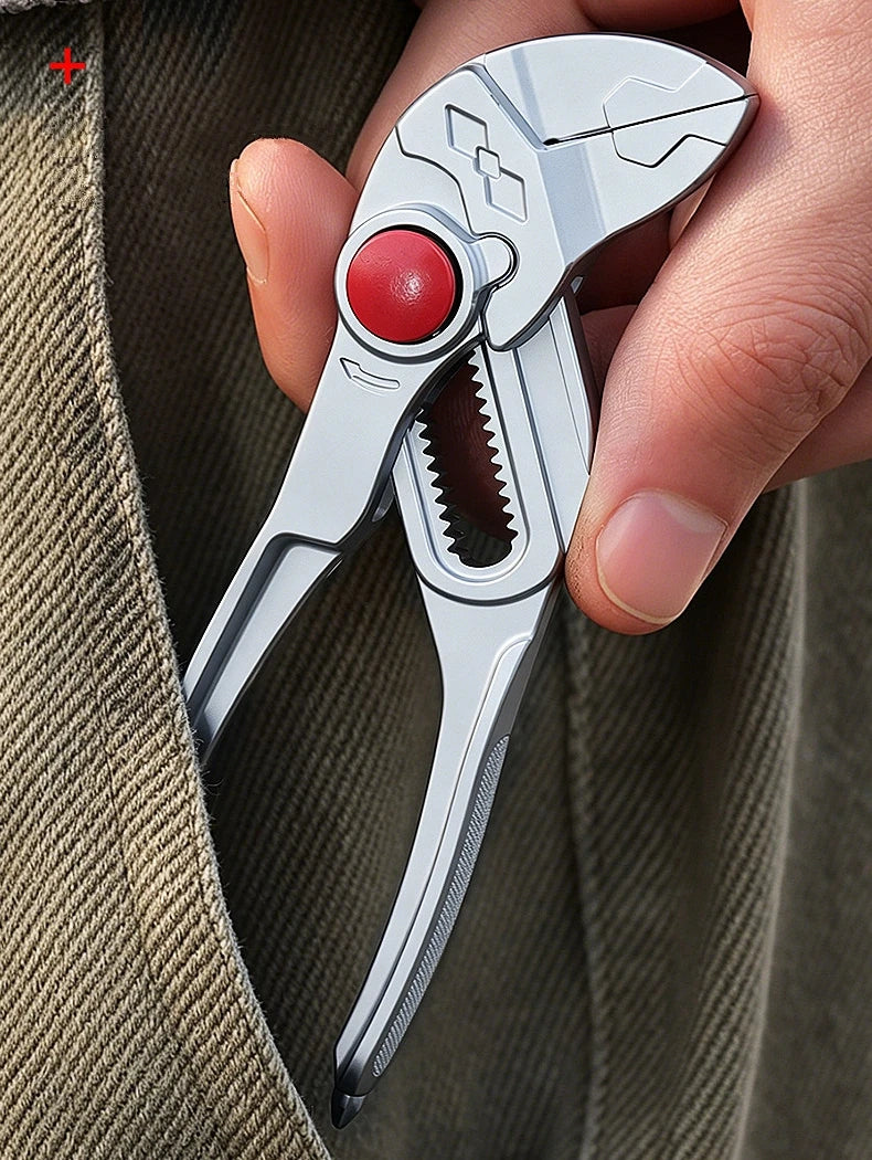 The silver pliers being slipped into a pants pocket