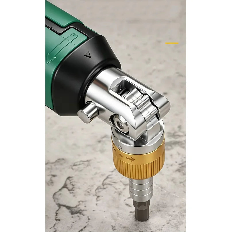 Close-up of the pivot joint with the head bent over and the gold ratchet collar