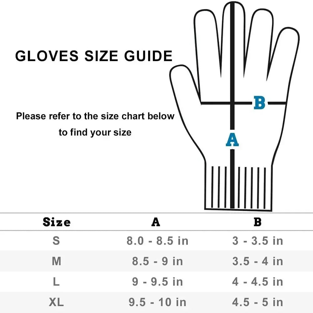 Maker's size guide: length A and palm width B for sizes S to XL