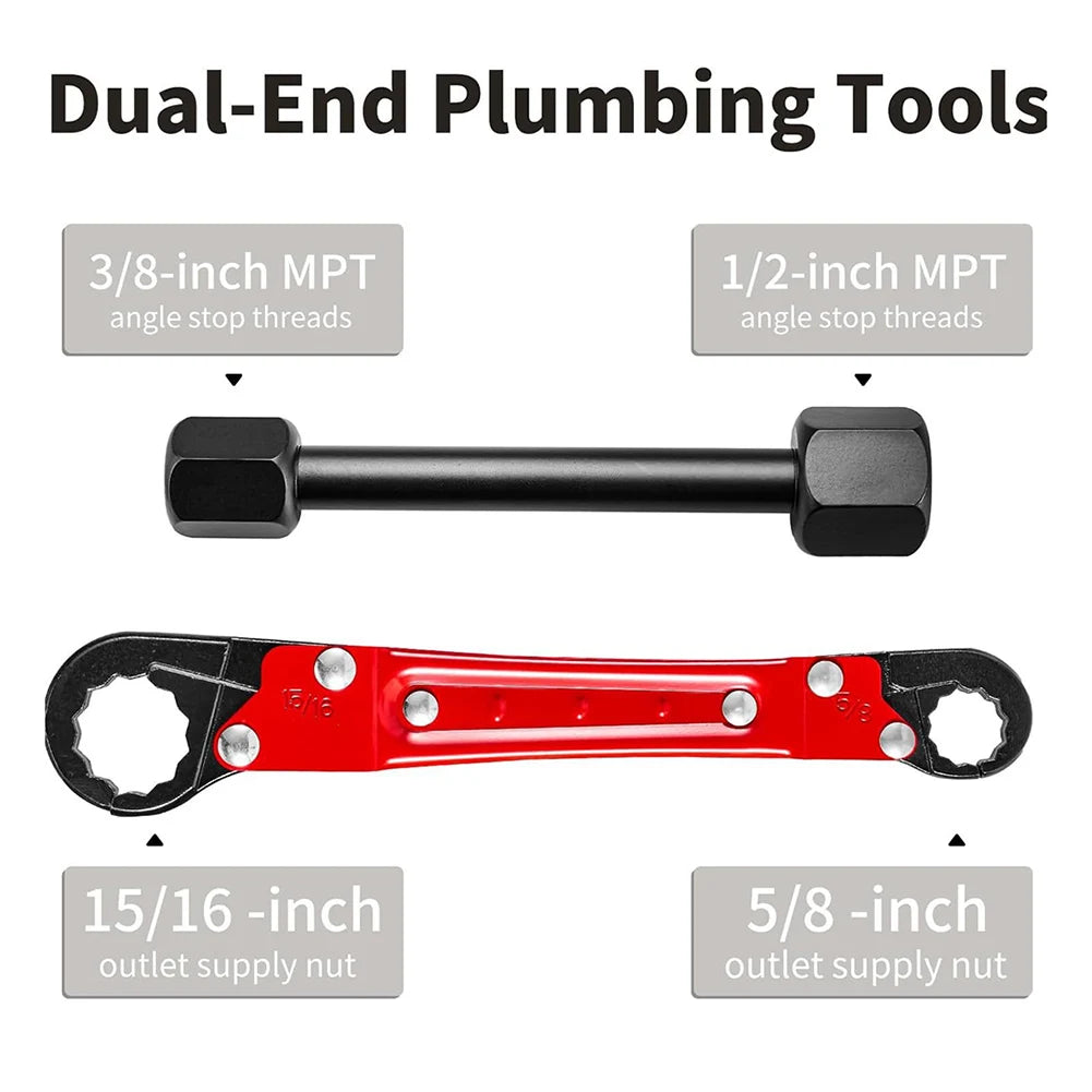 Ends explained: 3/8 and 1/2 in MPT valve bodies on the bar, 5/8 and 15/16 in supply nuts on the wrench