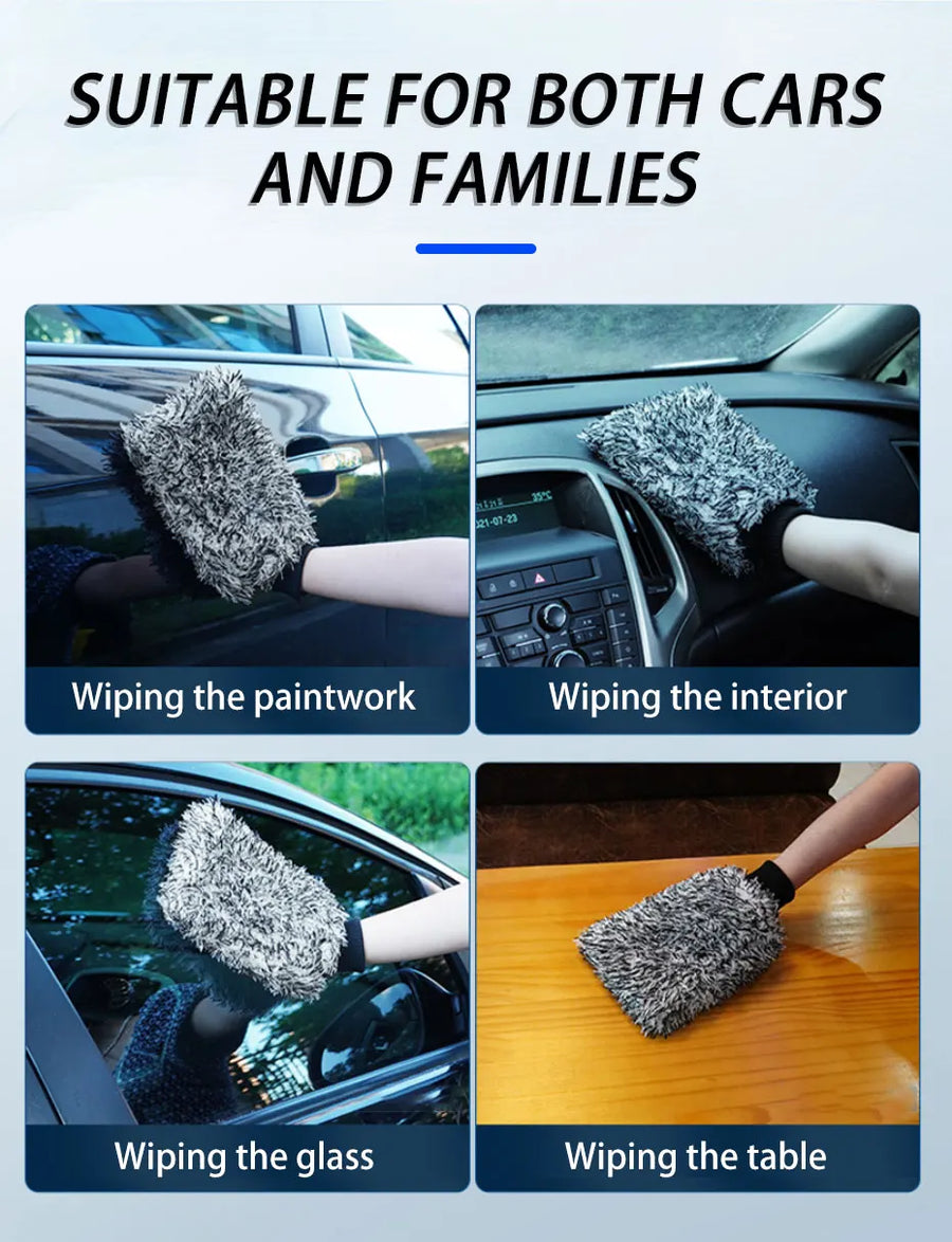 The wash mitt wiping paintwork, an interior panel, glass and a table