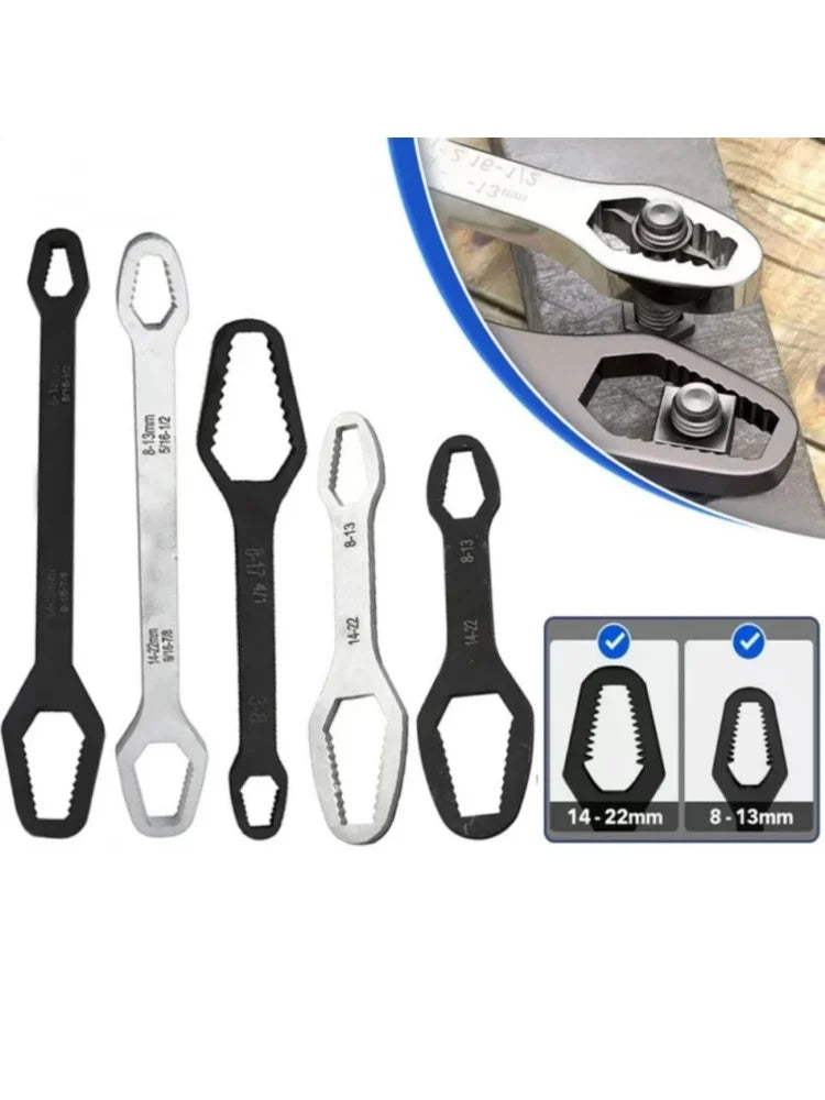 Universal Self-Tightening Wrench Set — Two Double-Ended Spanners, 3–22 mm Jaws