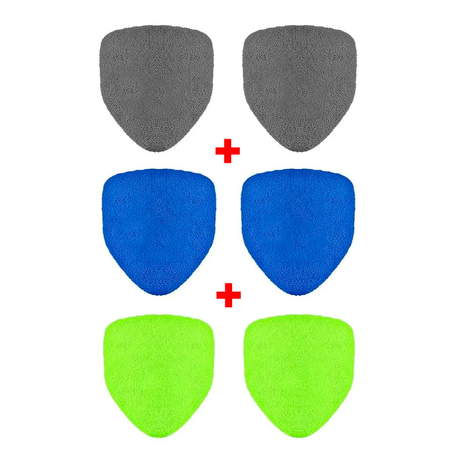 The spare-pad pack: six microfiber pads, two green, two blue and two gray, with no handle