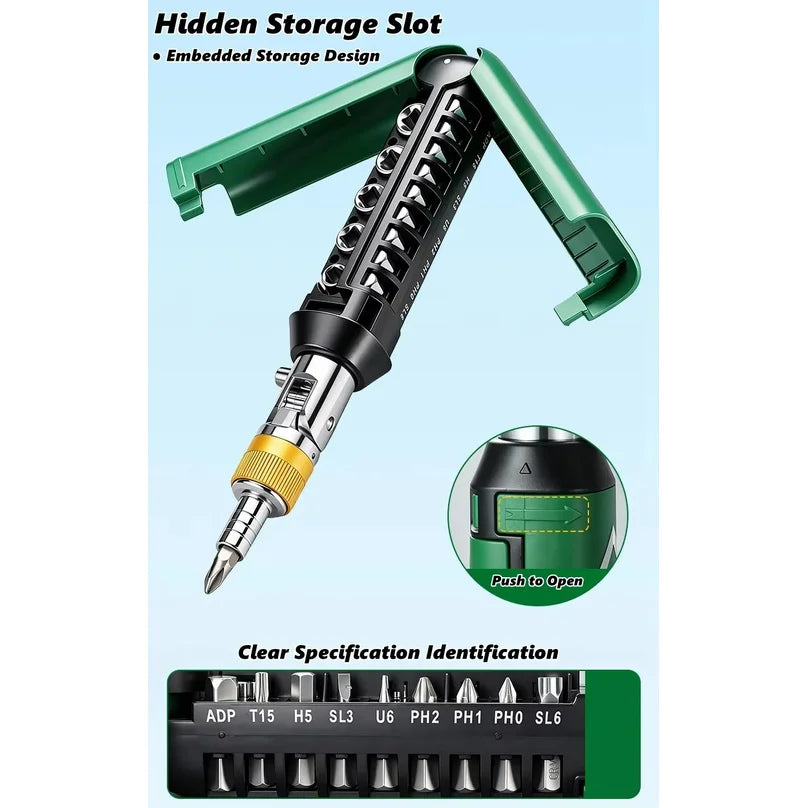 Handle opened to show the storage: bits on one side of the core, sockets on the other