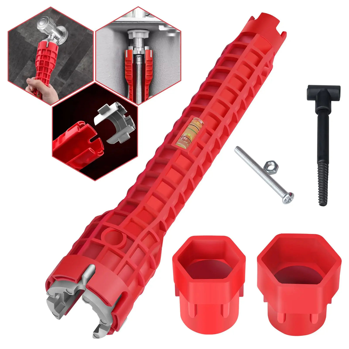 The red faucet and sink wrench with its two socket cups, screw extractor and screws