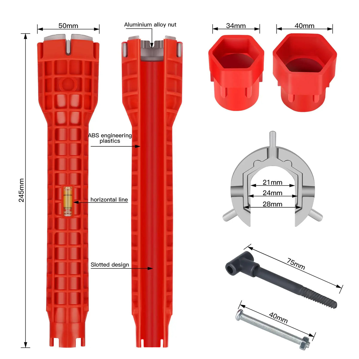 The wrench is 245 mm long and 50 mm across the head, with a bubble level and a slotted body