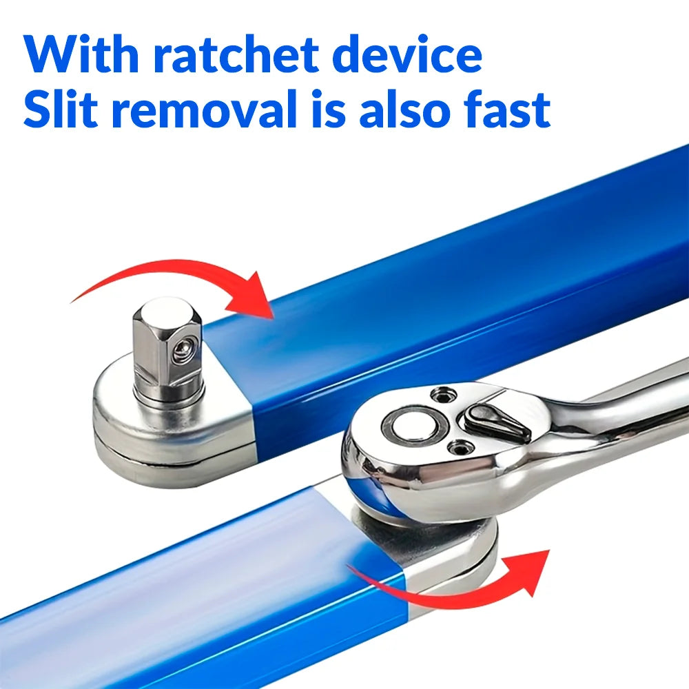 A ratchet turning one end of the extension wrench, with arrows showing both ends turning