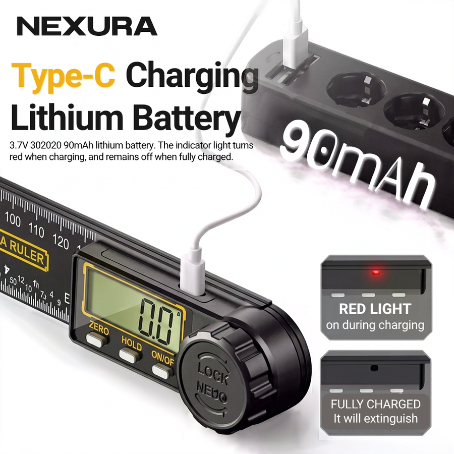 Charging the ruler over USB: the indicator glows red while charging and goes out when full