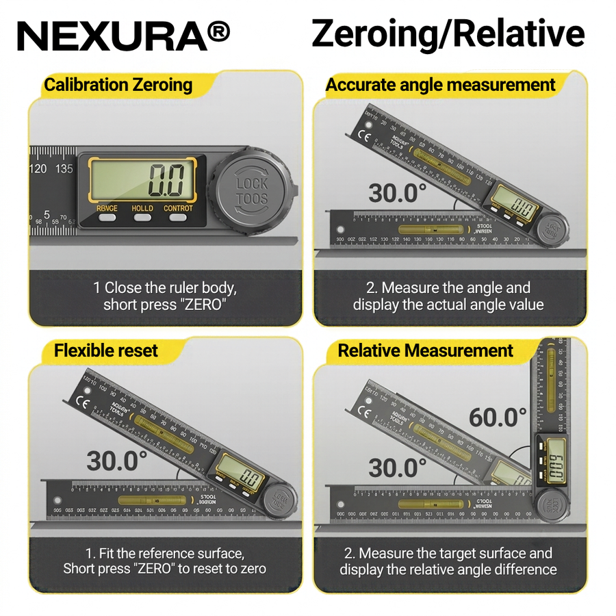 Zeroing the ruler against a reference surface, then reading an angle and a relative angle