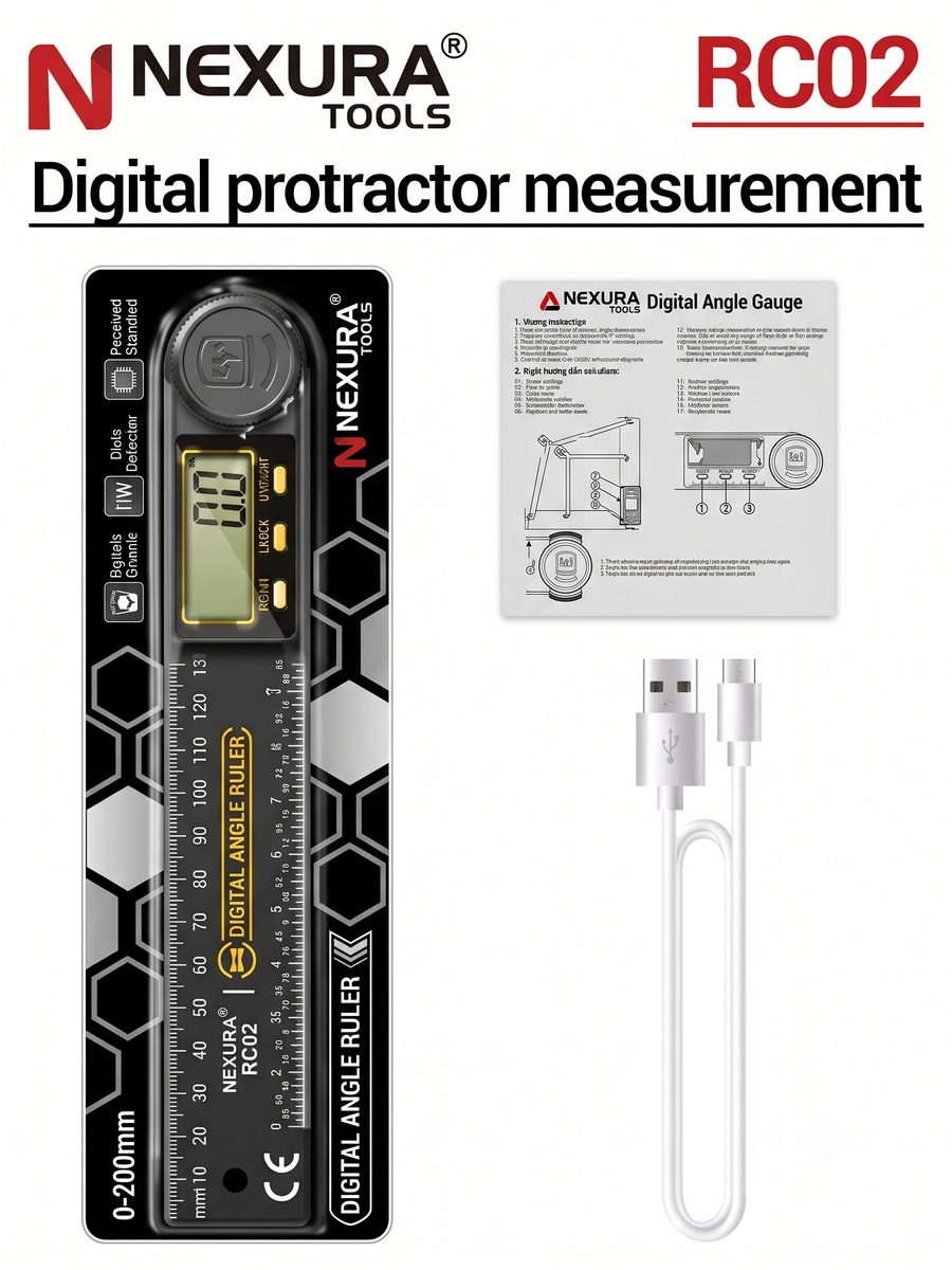 The digital angle ruler folded shut, next to its manual and USB-C charging cable