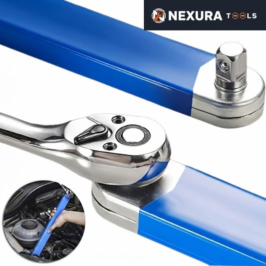 Blue offset extension wrench driven by a ratchet at one end, with an adapter in the other end