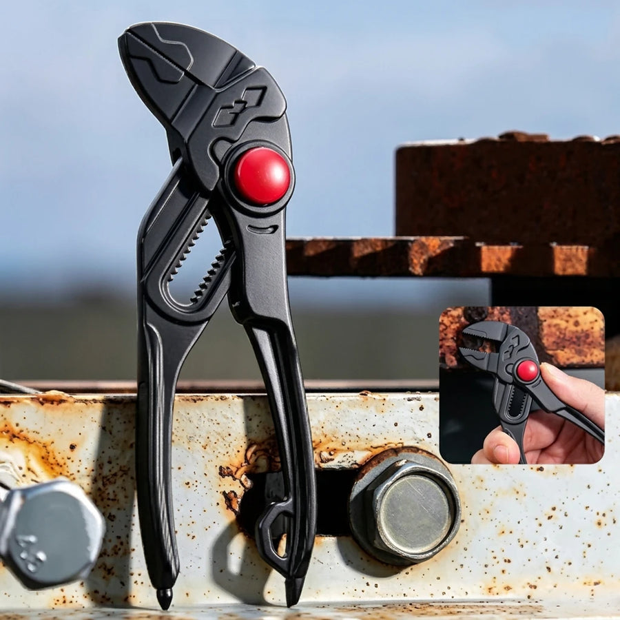 Mini water pump pliers in black with smooth parallel jaws and a red push button, standing against a steel beam; the inset shows a black pair held in one hand