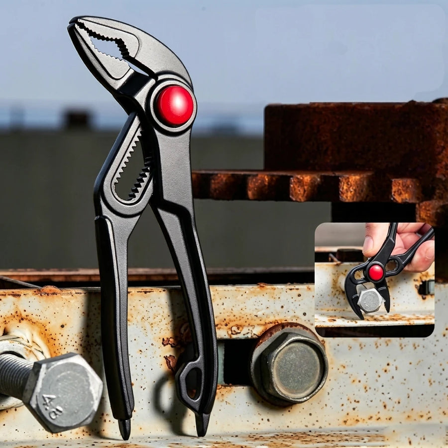 Mini water pump pliers in black with toothed jaws and a red push button, standing against a steel beam; the inset shows it gripping a hex bolt head