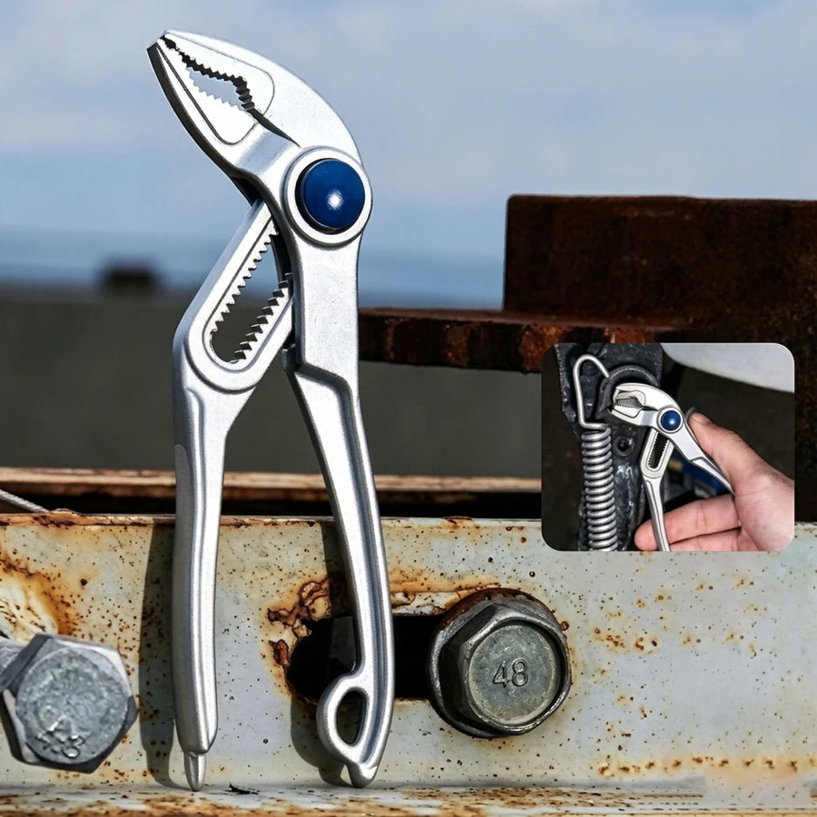 Mini water pump pliers in silver with toothed jaws and a blue push button, standing against a steel beam; the inset shows it gripping the hook end of a spring