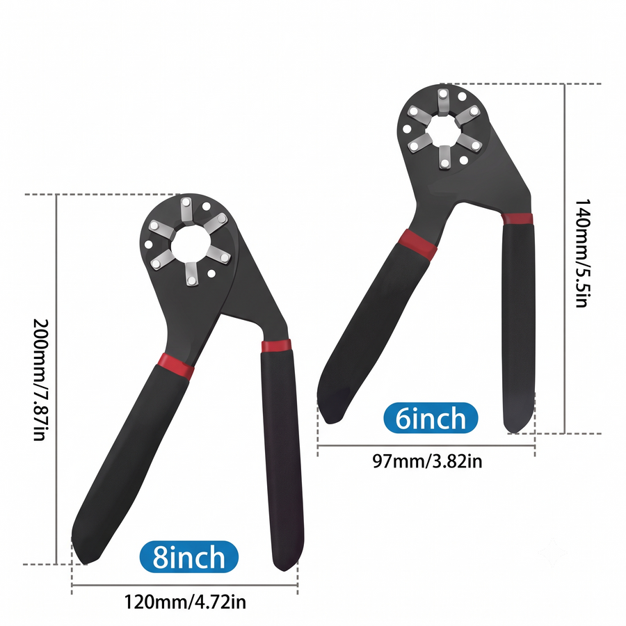 Both sizes side by side with their dimensions: the 8 inch at 200 by 120 mm and the 6 inch at 140 by 97 mm