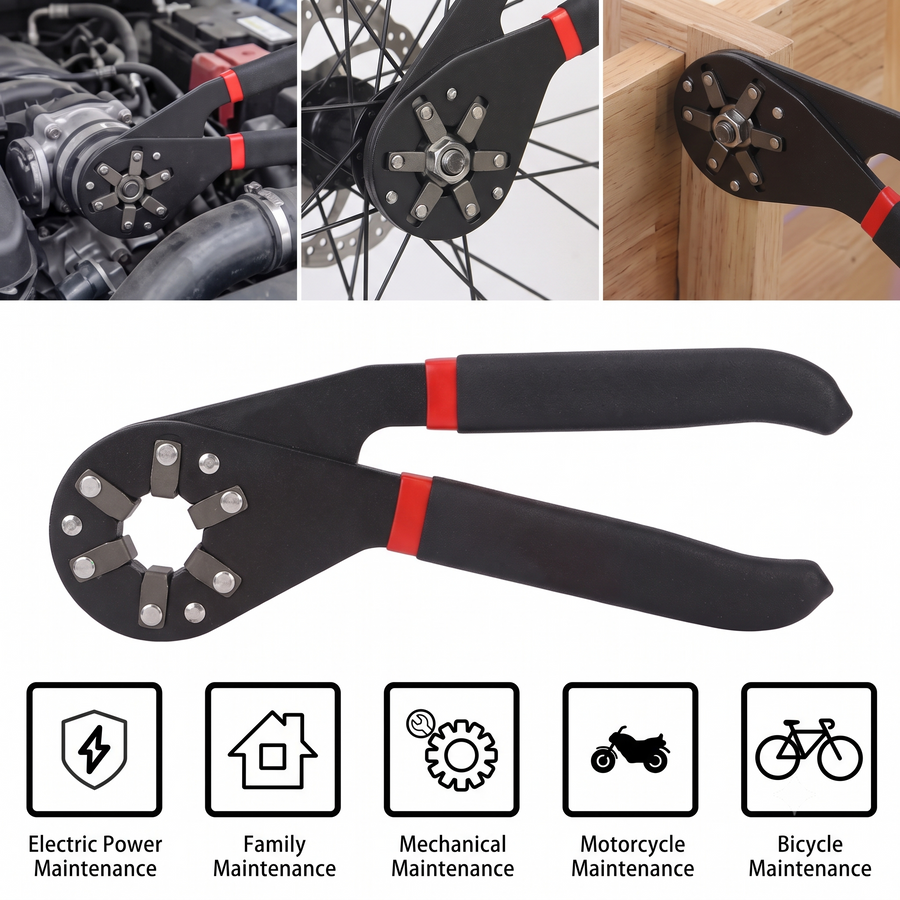 The wrench in use on an engine, a bicycle wheel and a timber frame, with the five jobs the maker lists: electrical, household, mechanical, motorcycle and bicycle maintenance