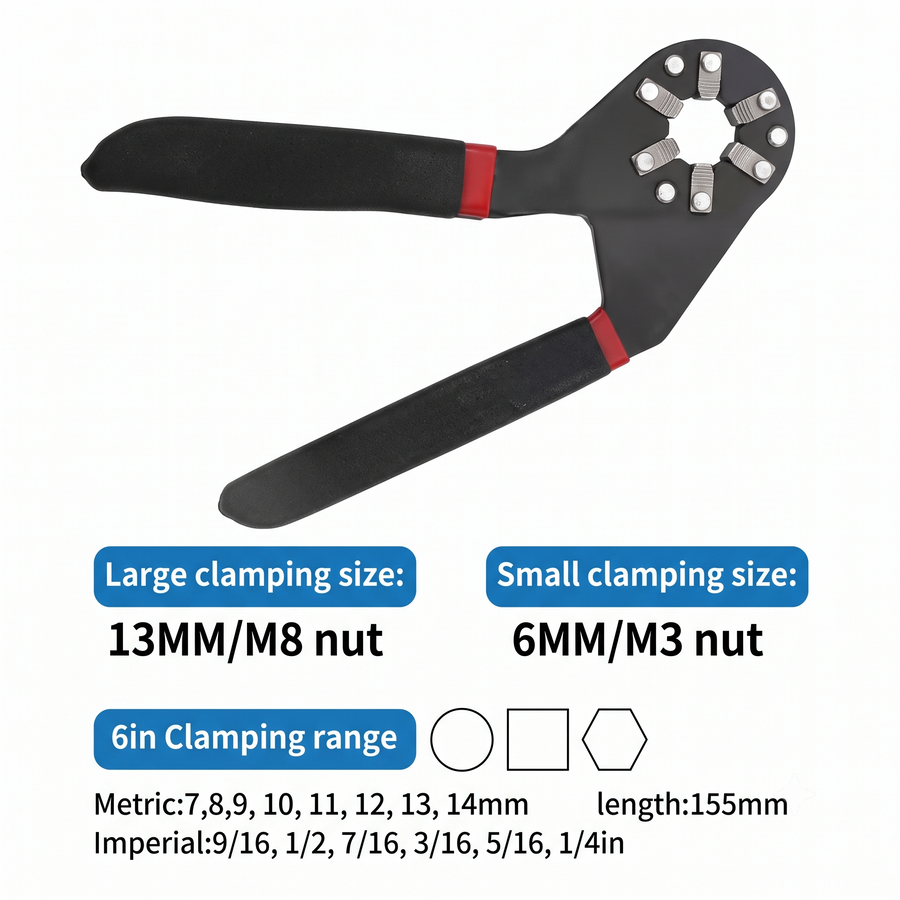 The 6 inch clamping range: 13 mm or an M8 nut at the large end, 6 mm or an M3 nut at the small end, and a 155 mm length