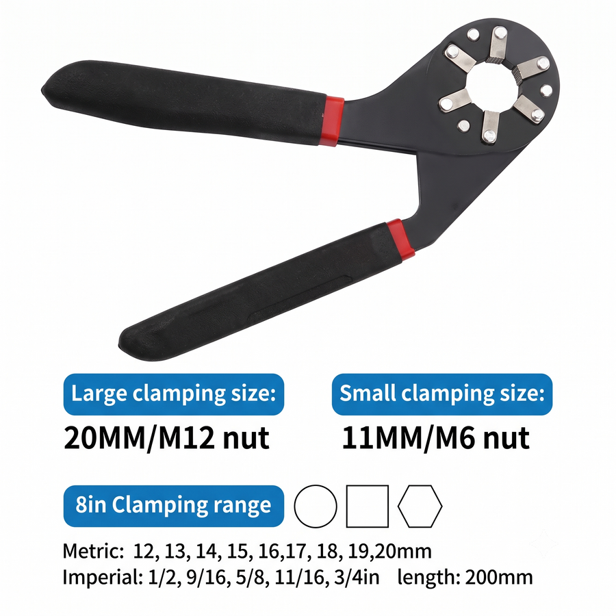 The 8 inch clamping range: 20 mm or an M12 nut at the large end, 11 mm or an M6 nut at the small end, and a 200 mm length