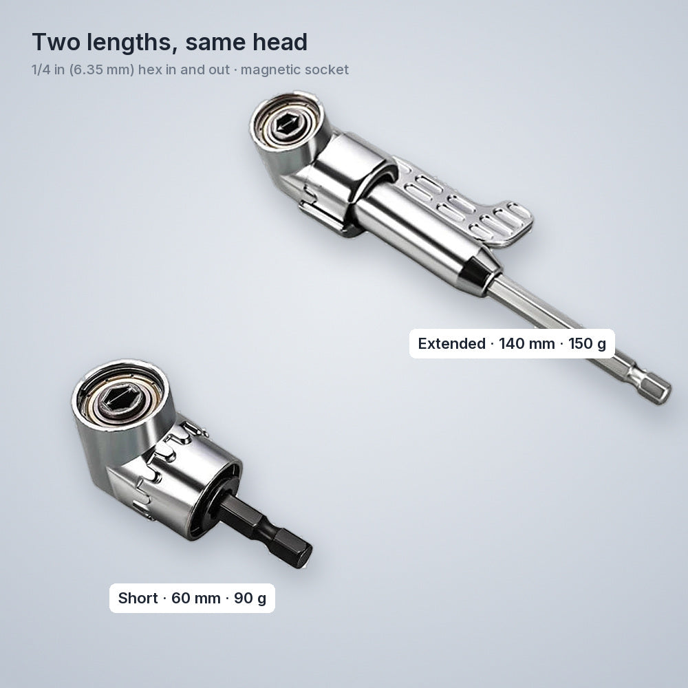 Right-angle drill attachments with sizes: short 60 mm 90 g, extended 140 mm 150 g