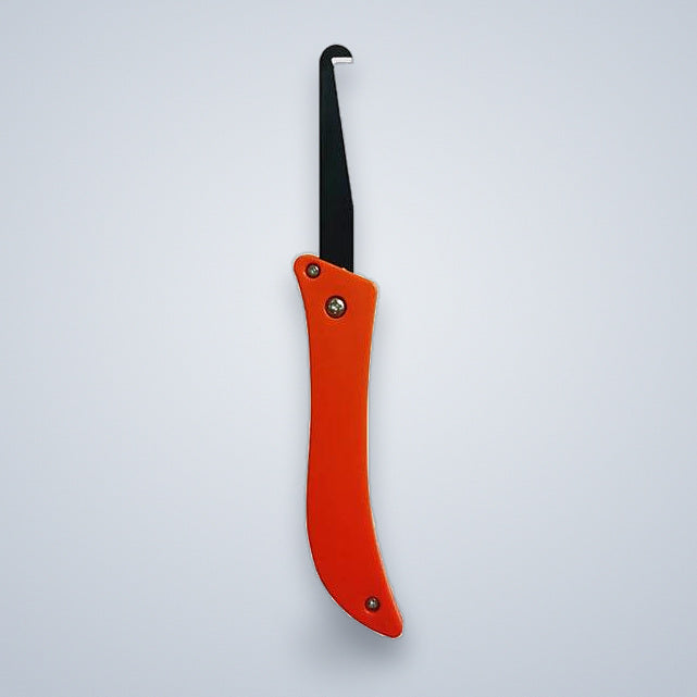 Seam knife with orange handle and hooked blade