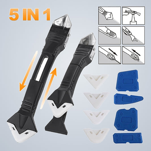 The 5-in-1 kit laid out: two tool bodies, white silicone radius pads and blue wedge scrapers