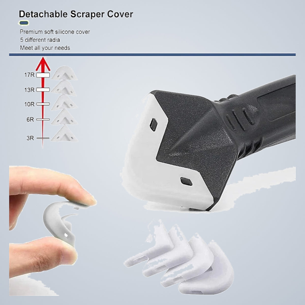 Detachable soft silicone scraper cover in five radii, being fitted by hand
