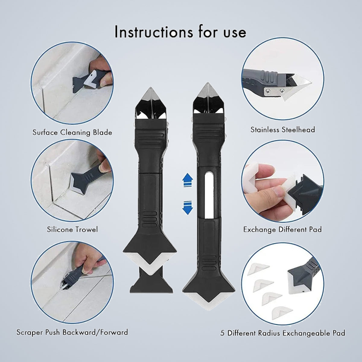 Diagram of the tool: surface cleaning blade, stainless steel head, silicone trowel and exchangeable radius pads