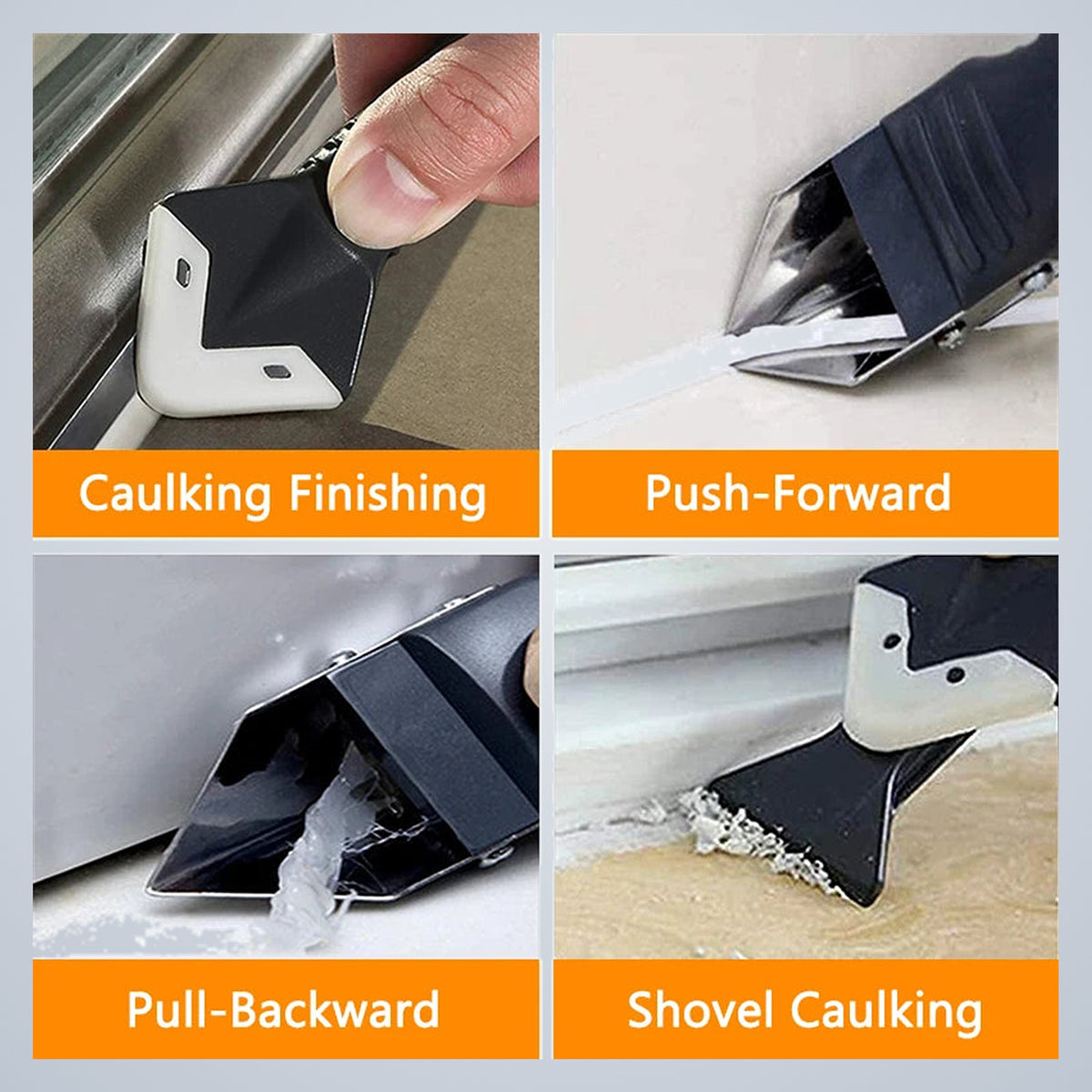Four uses: finishing a caulk line, pushing forward, pulling backward and shovelling out old sealant