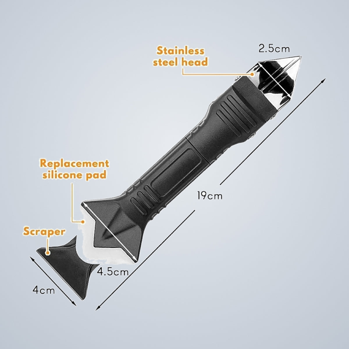 Dimensions: 19 cm tool with a 2.5 cm stainless steel head, a 4 by 4.5 cm scraper and a replacement silicone pad