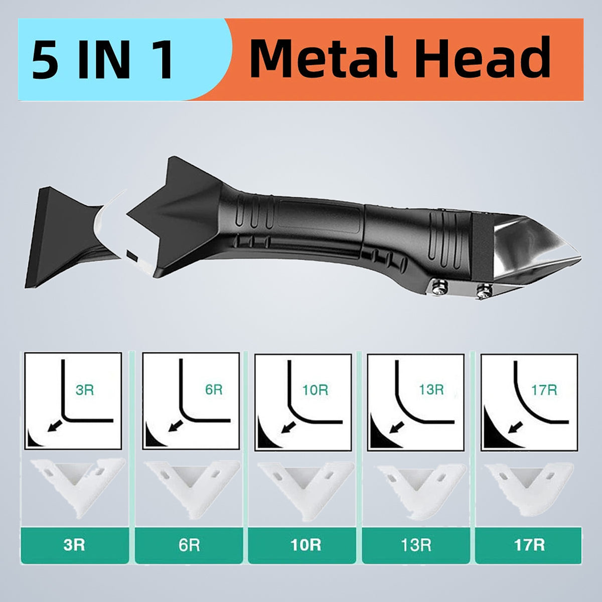 5-in-1 with stainless steel head: the handle and five radius pads marked 3R, 6R, 10R, 13R and 17R