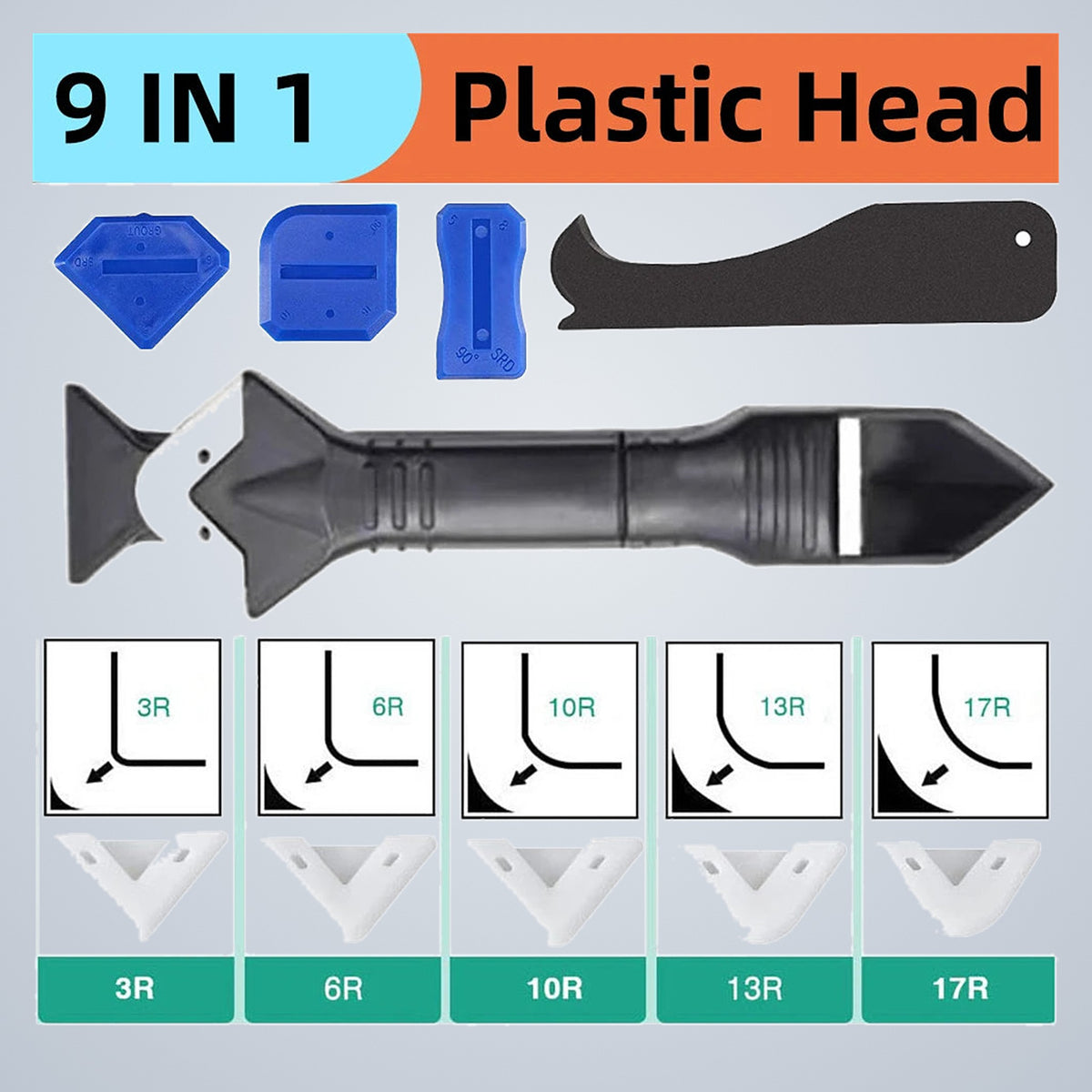 9-in-1 with plastic head: handle, five radius pads, three wedge scrapers and a long flat blade