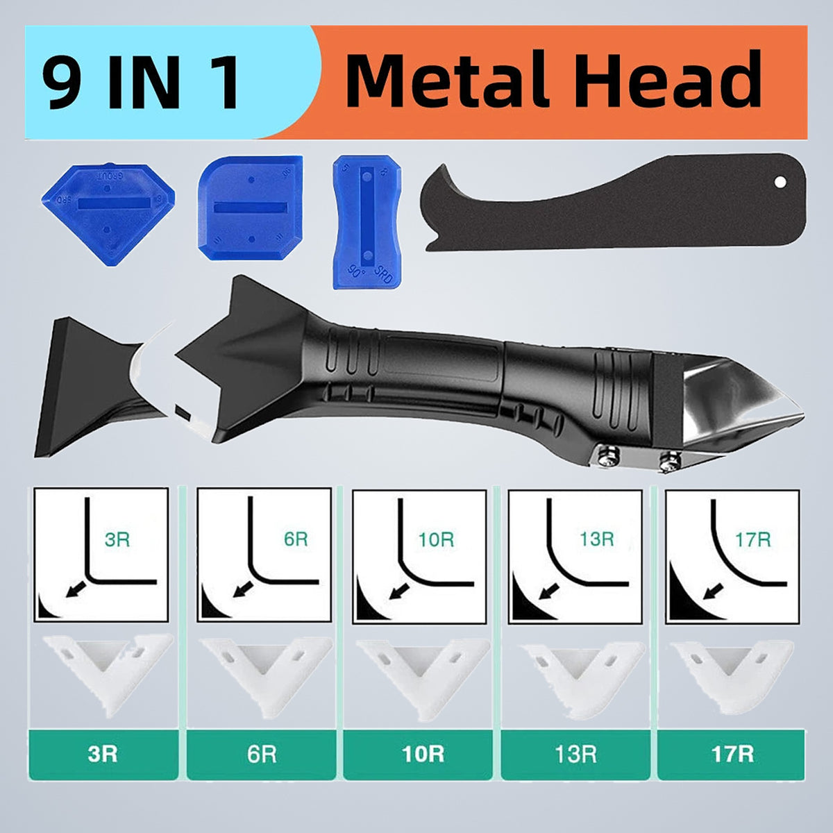 9-in-1 with stainless steel head: handle, five radius pads, three wedge scrapers and a long flat blade
