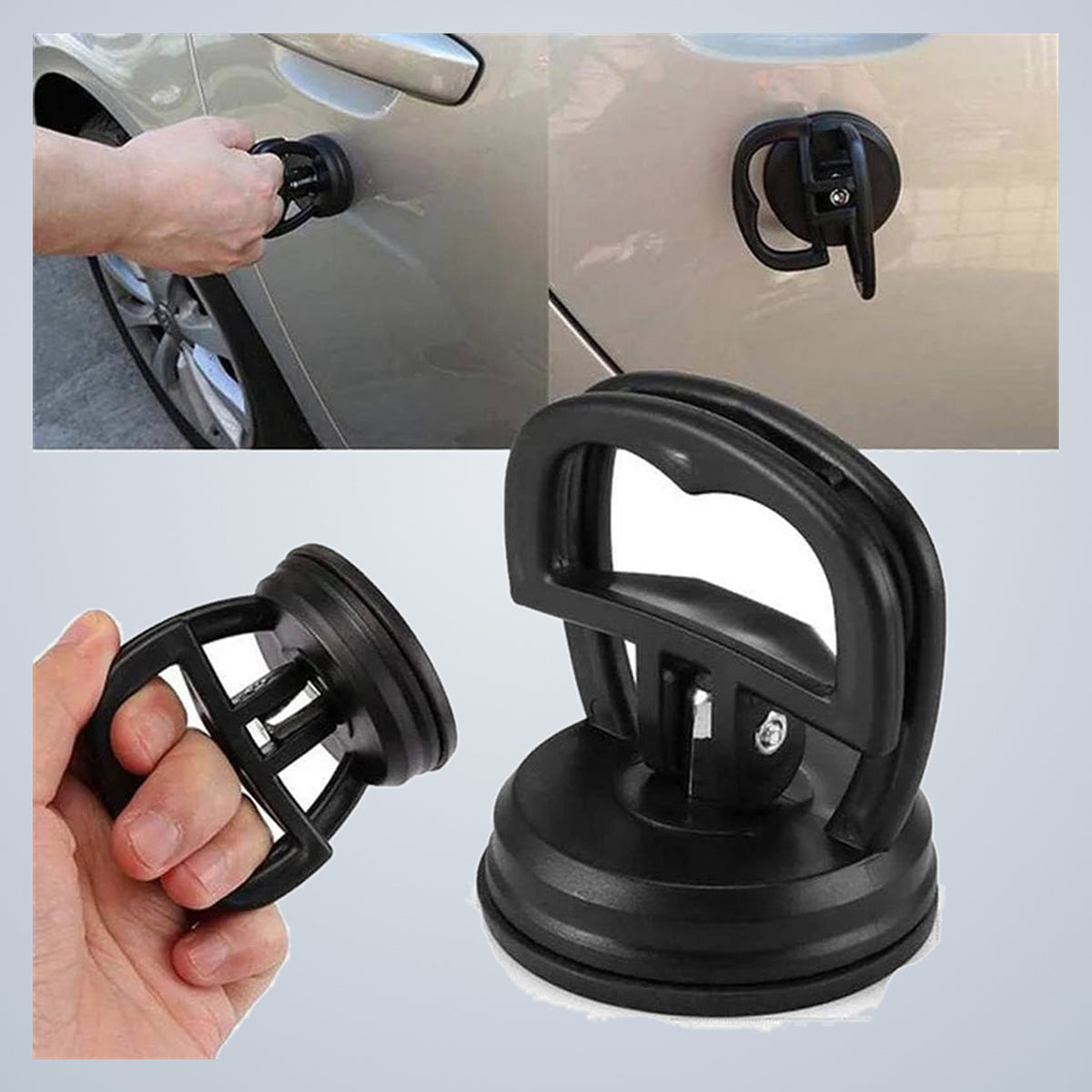 The dent puller in use on a car panel, with the tool shown beside it