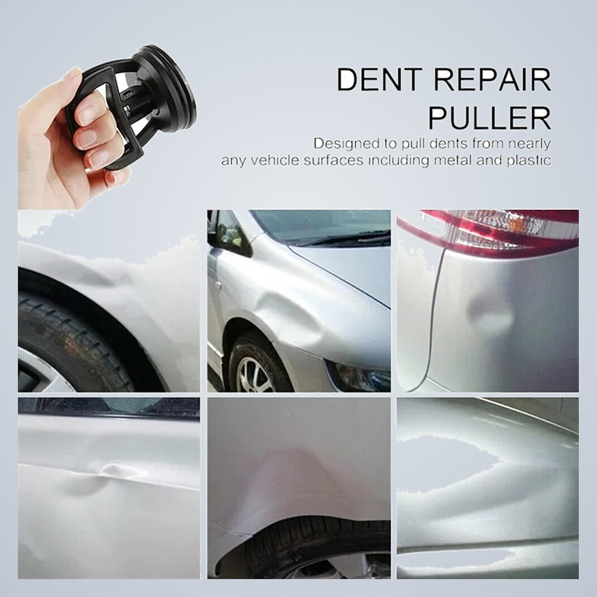 Dent repair puller with examples of dents on a wheel arch, door, bumper and wing