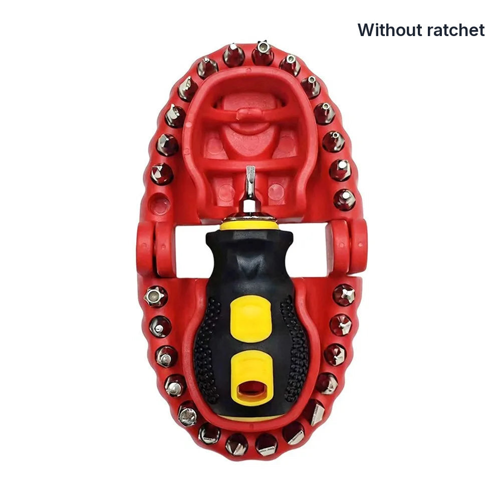 The kit without the ratchet, seen from above: case open, bits around the rim and the stubby handle in the lower jaw