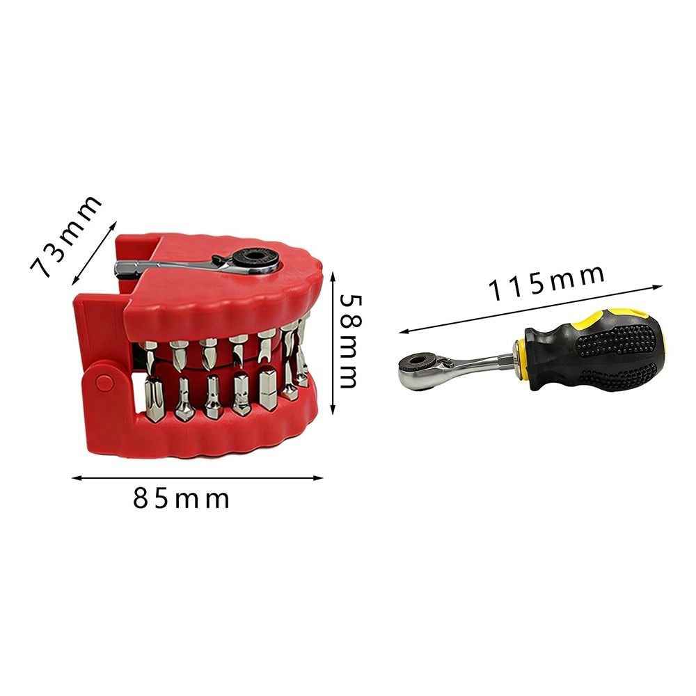 Closed case 85 mm wide, 58 mm high and 73 mm deep; handle with the ratchet fitted 115 mm long