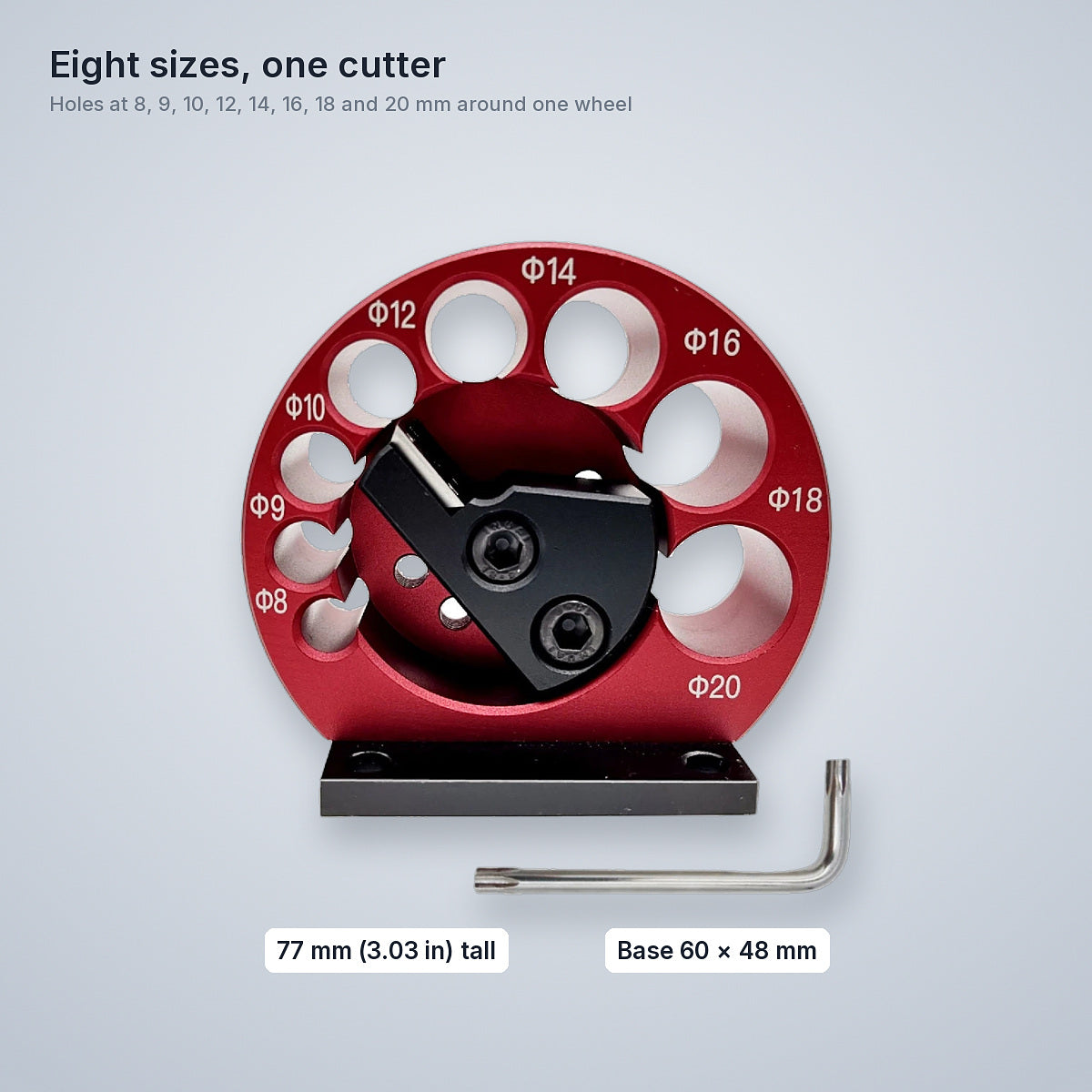 Dowel maker jig size: 77 mm tall on a 60 by 48 mm base, holes from 8 to 20 mm