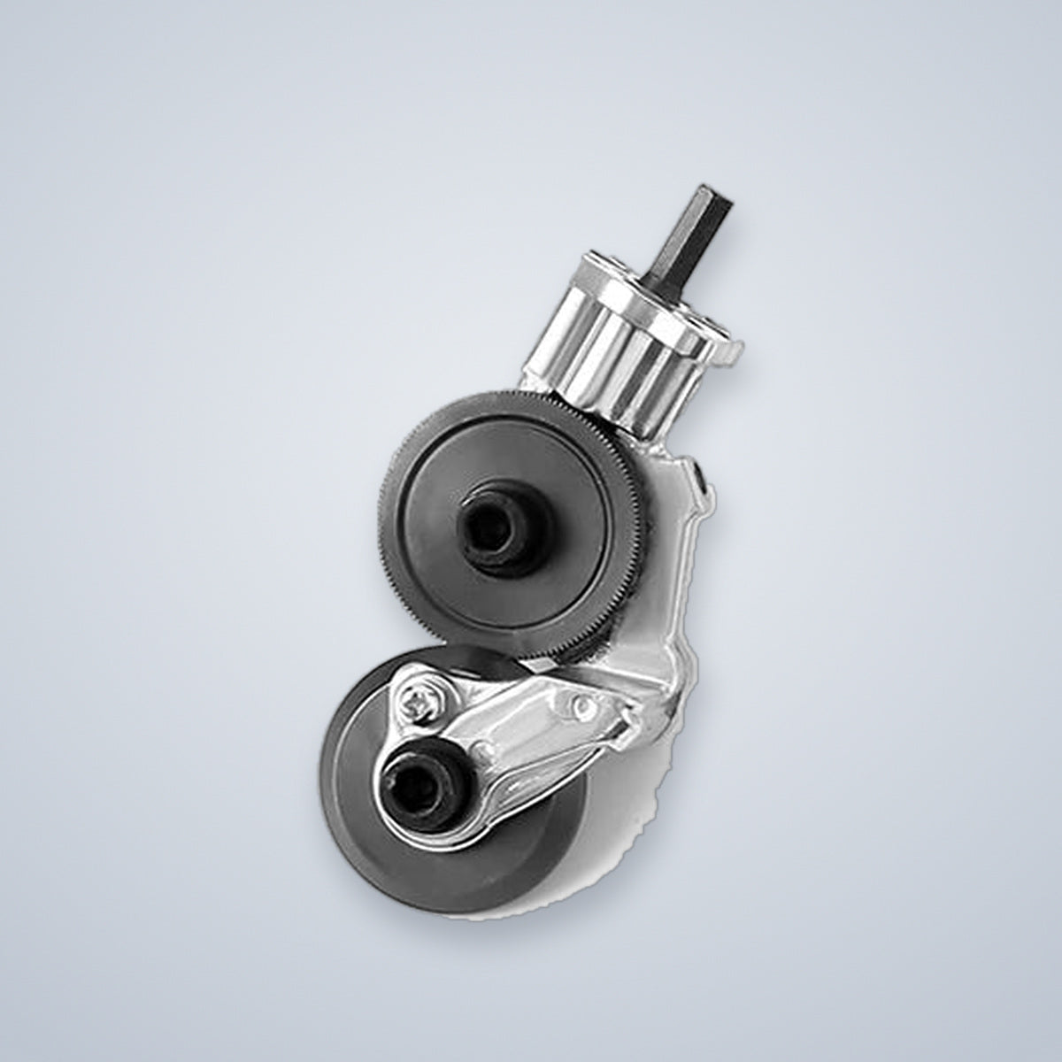 Sheet metal shear drill attachment: a cast gear head with two hardened cutting wheels and a hex shank