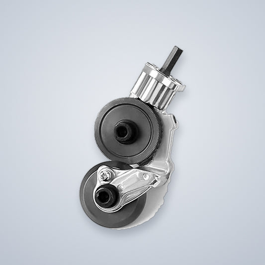 Sheet metal shear drill attachment: a cast gear head with two hardened cutting wheels and a hex shank