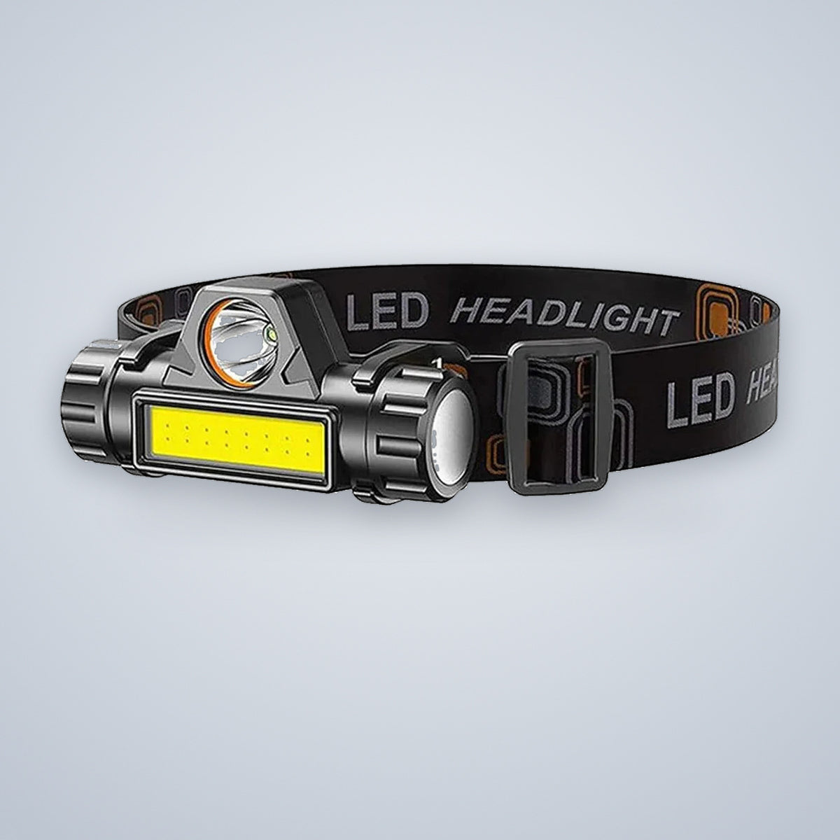 Rechargeable COB headlamp on its elastic strap, spot LED and COB flood strip