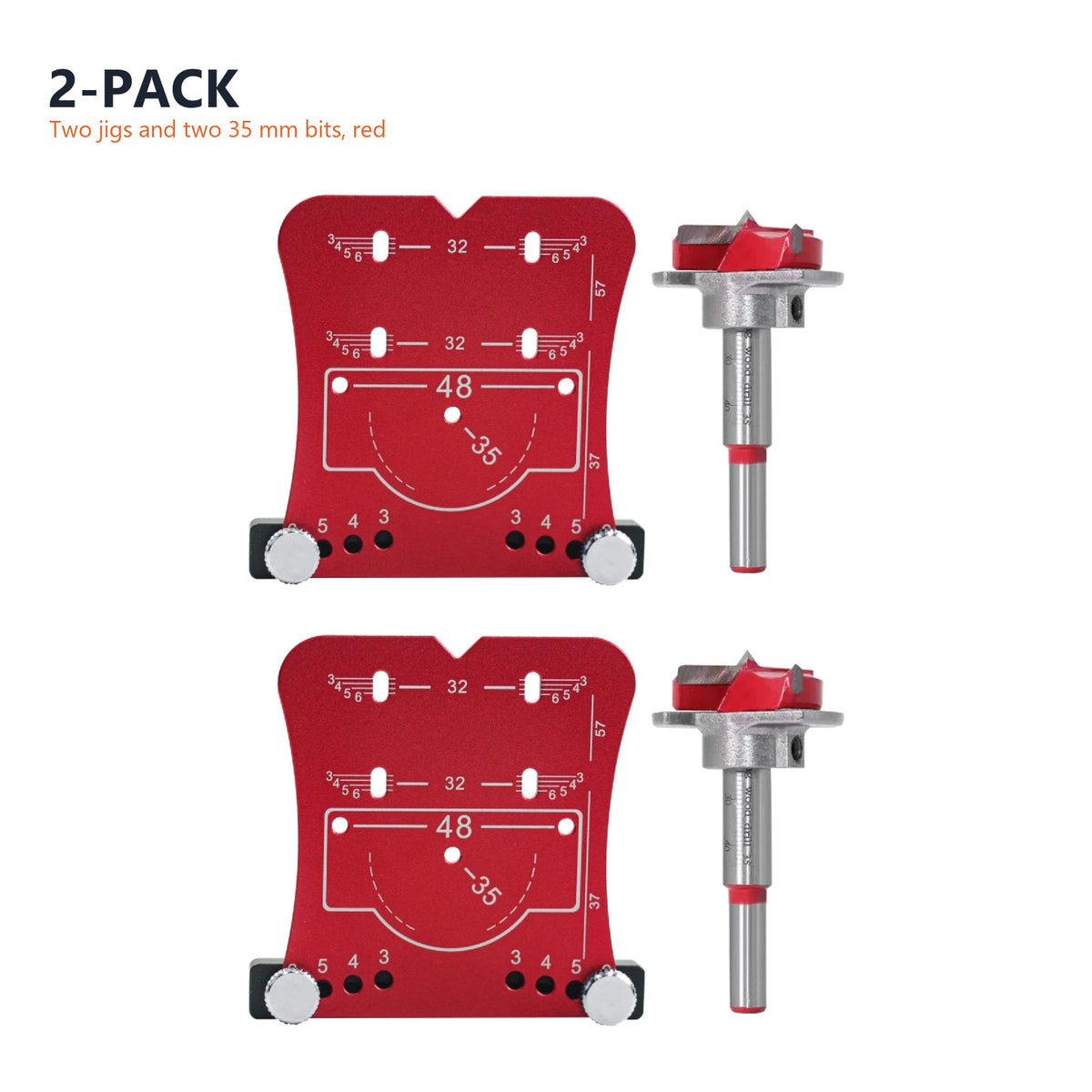 Two red jigs and two 35 mm Forstner bits, the 2-pack