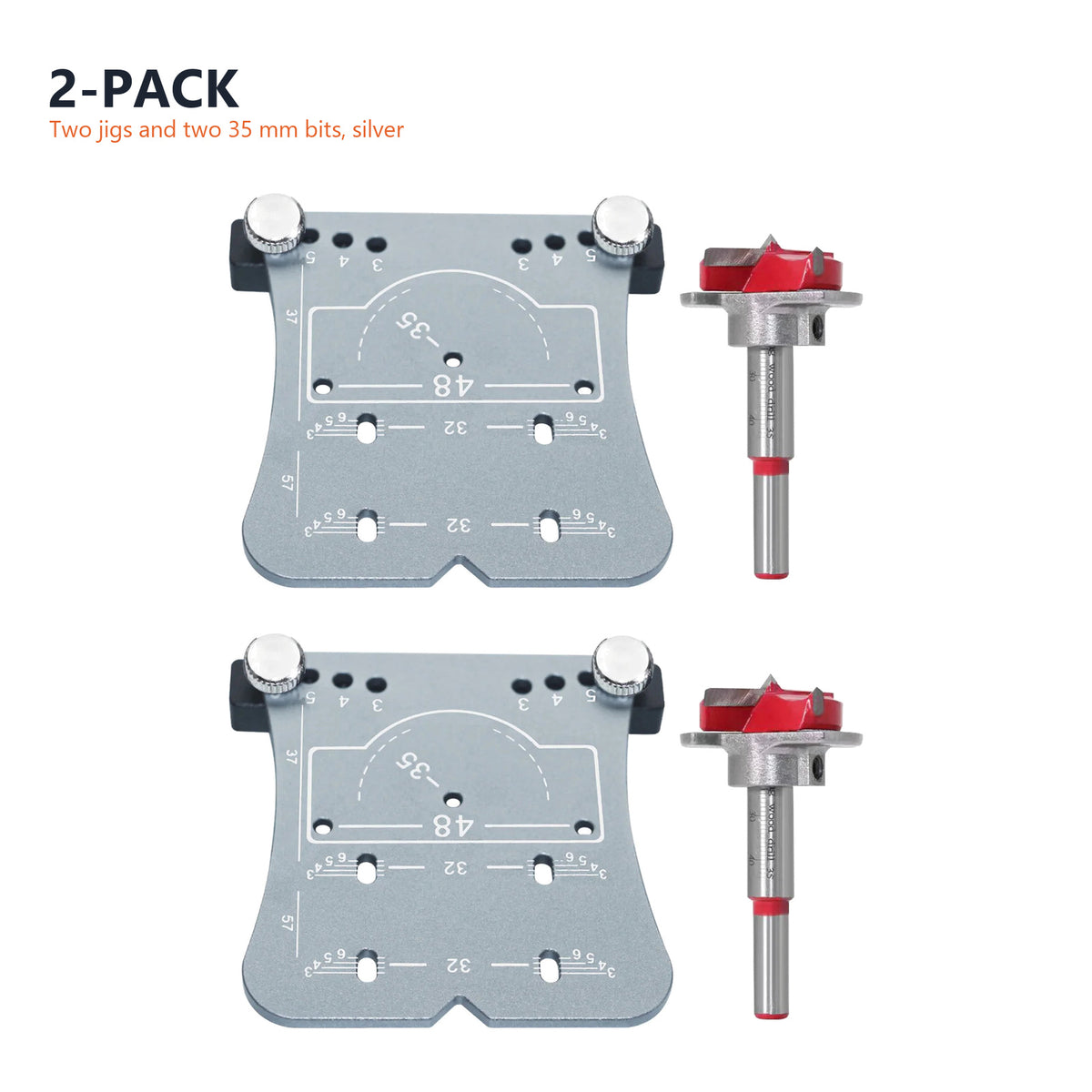 Two silver jigs and two 35 mm Forstner bits, the 2-pack