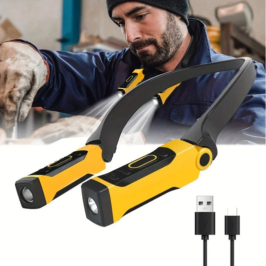 One neck light with its USB-C cable, worn by a mechanic at the bench