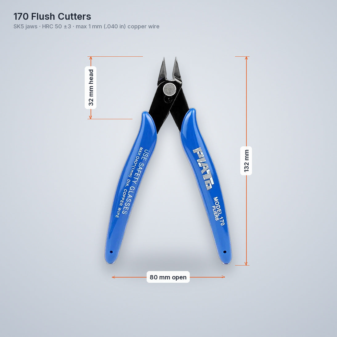 170 flush cutters with dimensions: 132 mm overall, 80 mm open, 32 mm head