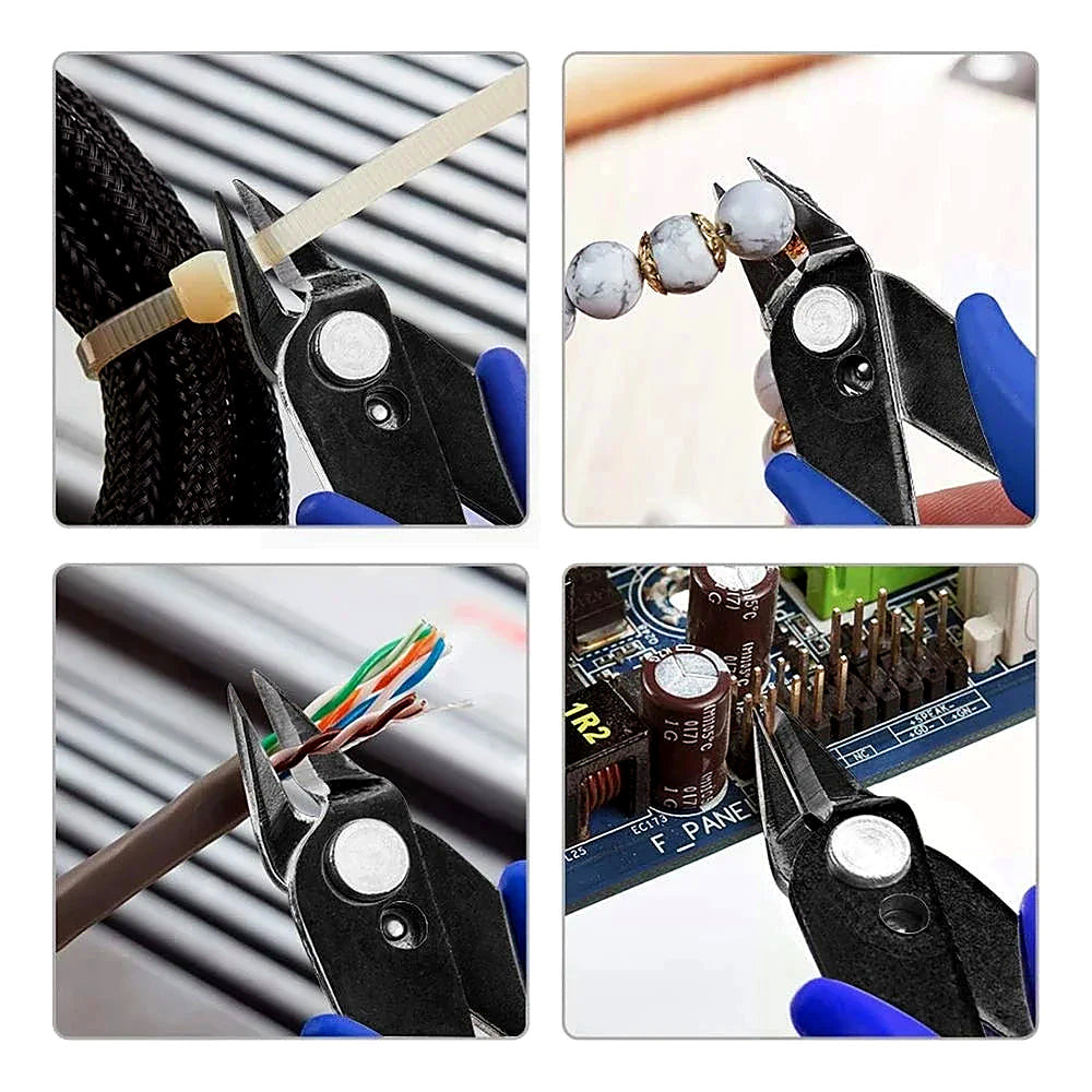 Four jobs: cable tie, beadwork, ribbon cable, component legs on a board