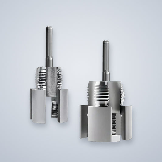 The 1/2 in and 3/4 in threading tools, each with its drive shaft fitted