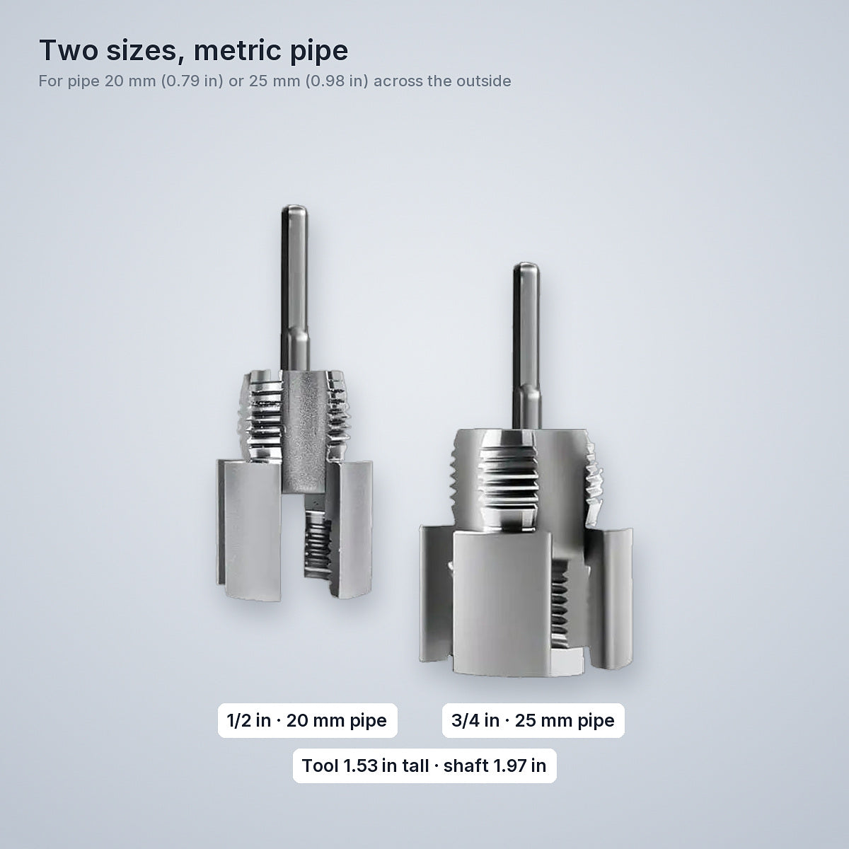 Two sizes for metric pipe: 1/2 in for 20 mm pipe and 3/4 in for 25 mm pipe; tool 1.53 in tall, shaft 1.97 in